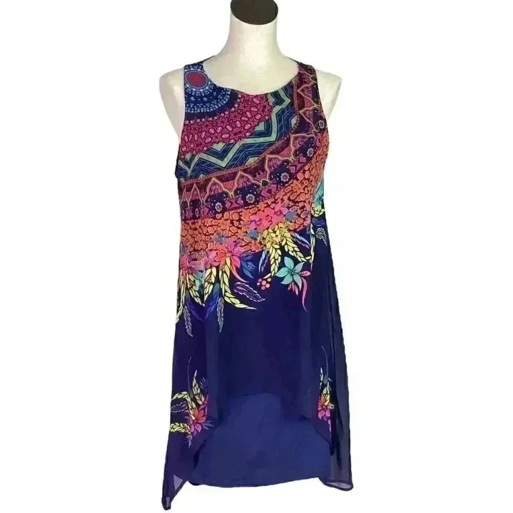 Desigual Layered Chiffon Dress US 6 EU 38 Blue Multicolor Sleeveless Knee Length